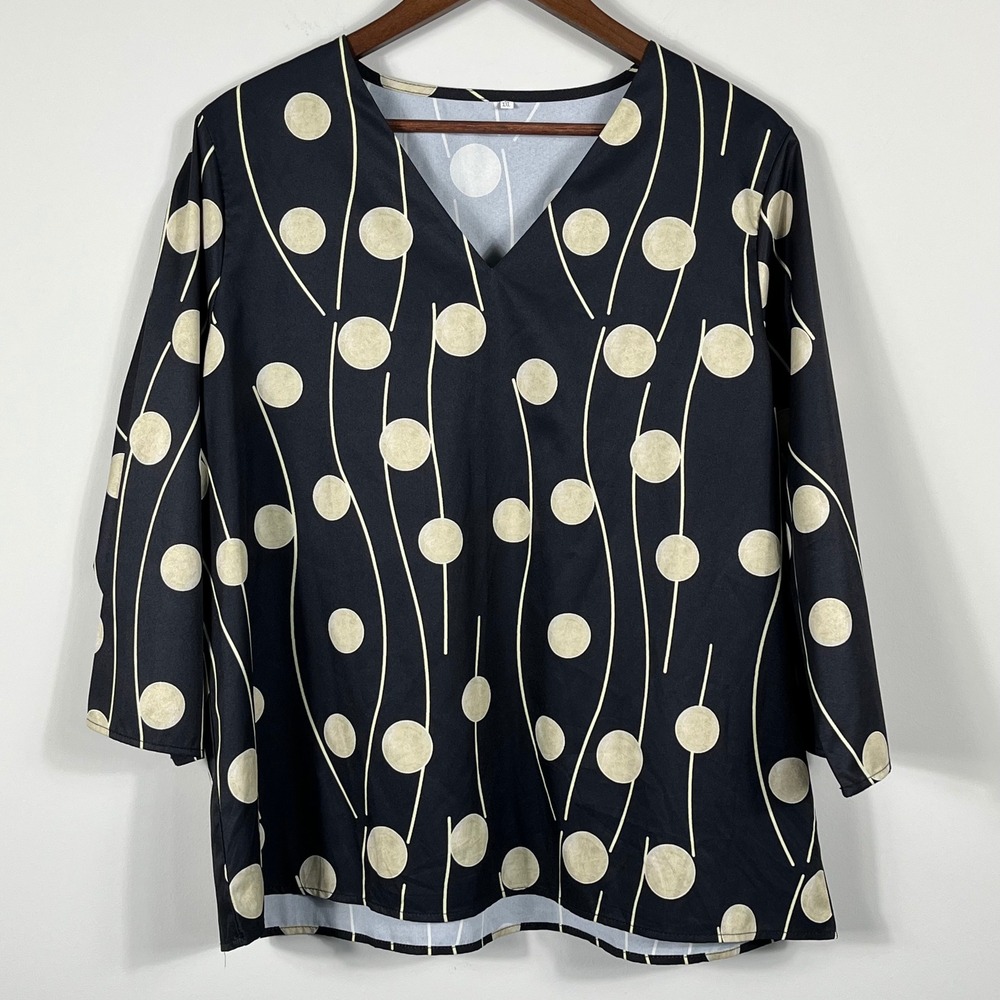 Unbranded Black Abstract Geometric Polka Dot V-Neck 3/4 Sleeve Blouse Top XXL